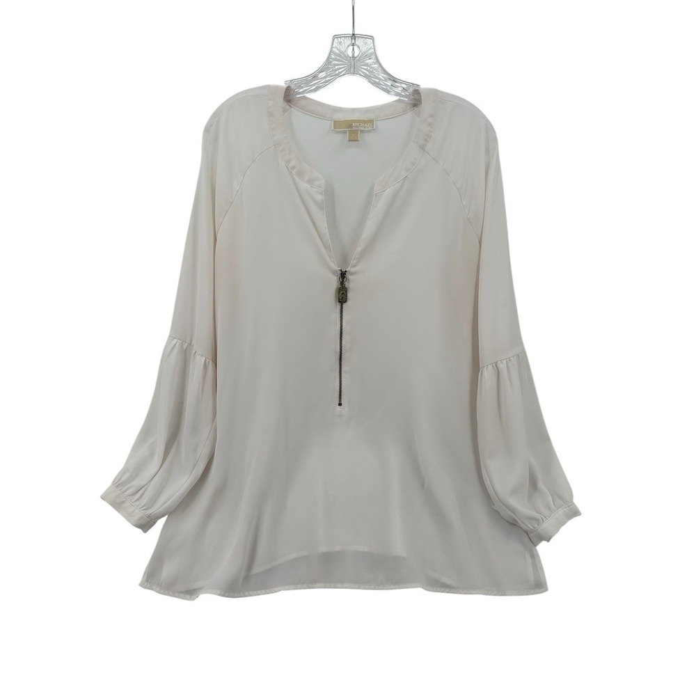 Michael Kors White Half Zip Bishop Sleeve Sheer Blouse Top Womens Size L Large